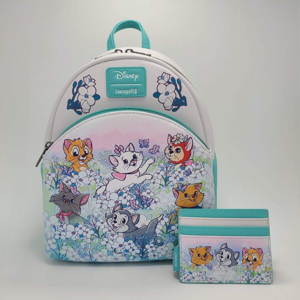 NWT Loungefly Disney Cats Flower Field Mini Backpack & Cardholder Set